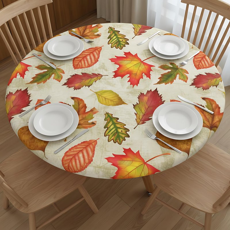 WOAIDY Elastic Edged Round Fall Maple Leaves Fitted Table Cloth Cover, Home Decorative Tablecloth for Indoor Outdoor Kitchen Party, Fits 40" - 44" Tables, Small