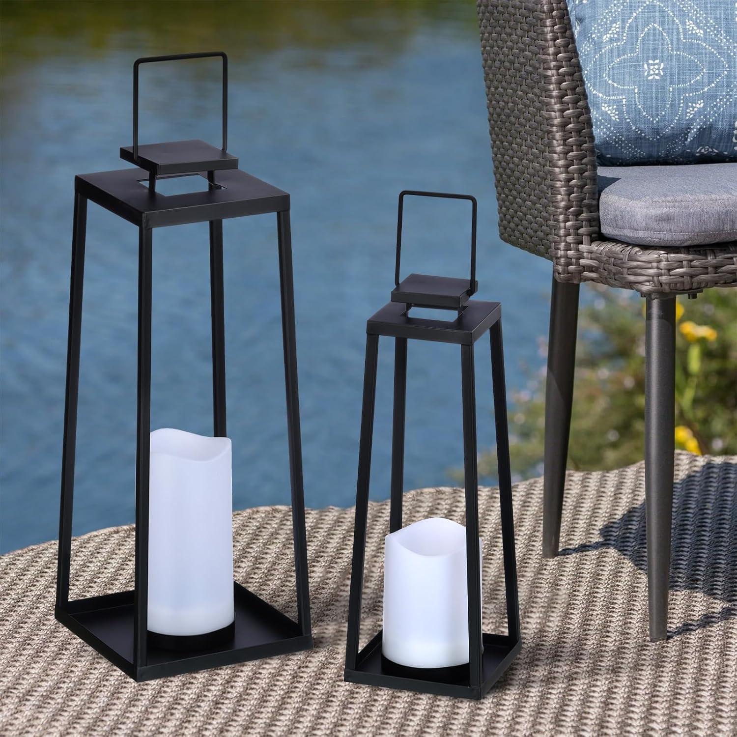 Skiennix Solar Lanterns - Decorative Outdoor Set of 2 | Modern Black Metal with Solar Candles (18’’ & 15’’)