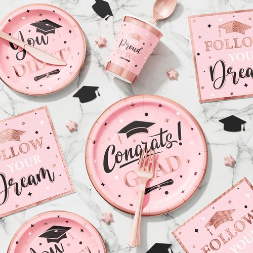 Ecomore Graduation Decoration Class of 2025, 245PCS Grad Party Decor Supplies & Disposable Dinnerware(Serve 25) Paper Plate Cup Napkin Cutlery Tablecloth Backdrop Balloon Garland Kit(Pink & Rose Gold)