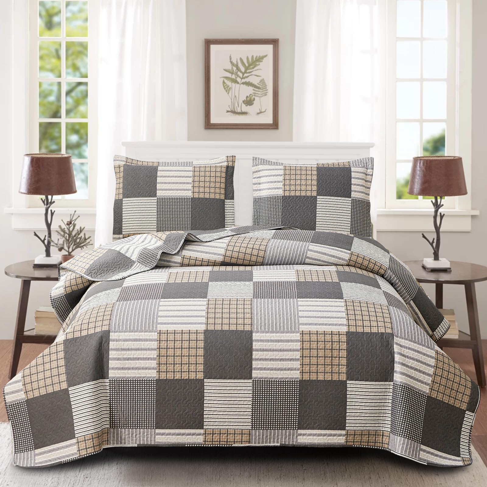 Brown Black Plaid Bedding Sets, 3 Pcs King Size Quilt Bedspread Checked Patchwork Print Coverlets Bedcover Reversible Bed Cover Country Bedroom Decor(96"x 108")
