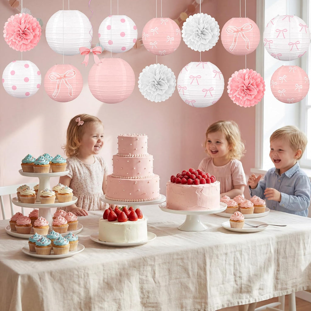Skiennix 15Pcs Pink Bow Paper Lanterns - Birthday Party Decorations for Girls & Baby Showers