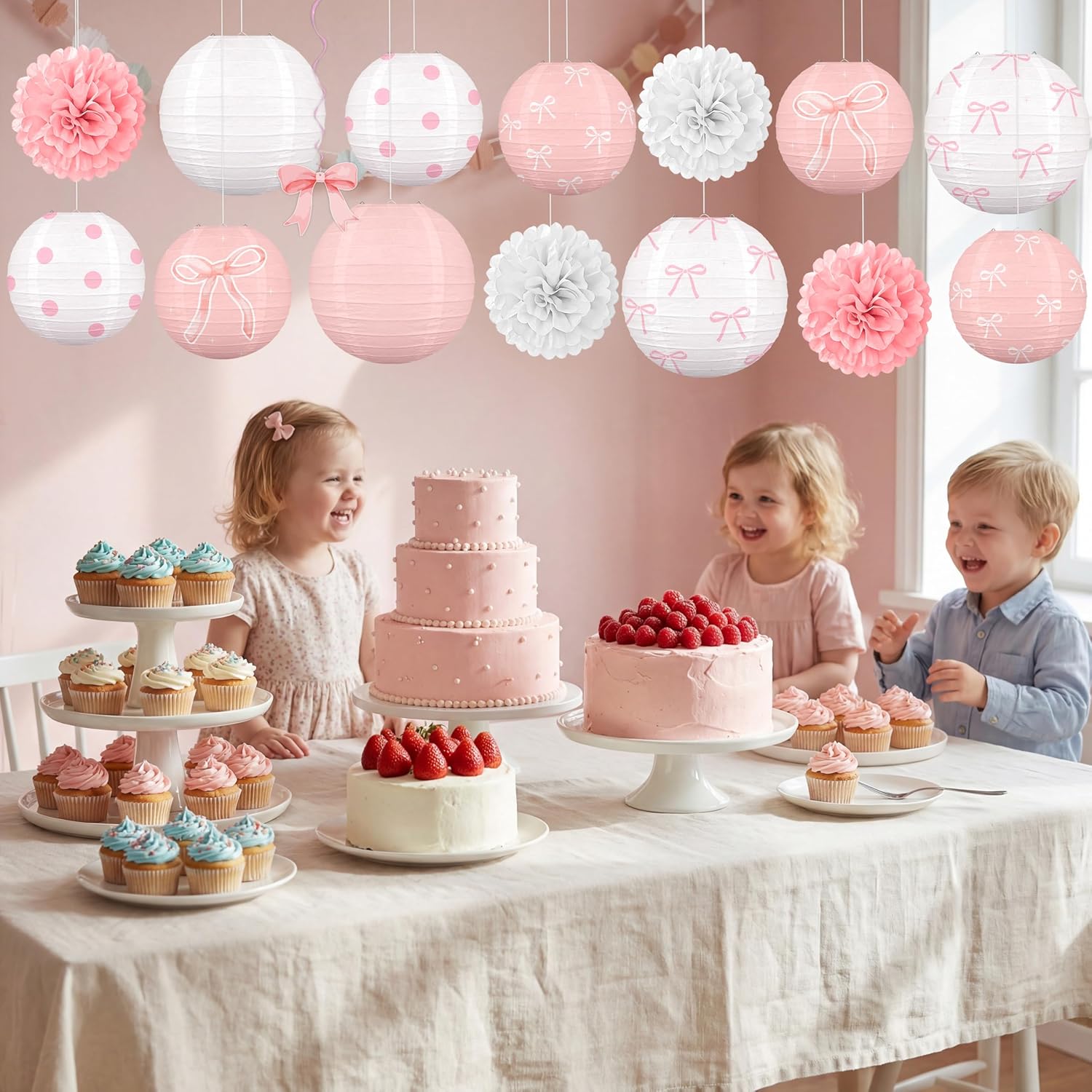 Skiennix 15Pcs Pink Bow Paper Lanterns - Birthday Party Decorations for Girls & Baby Showers