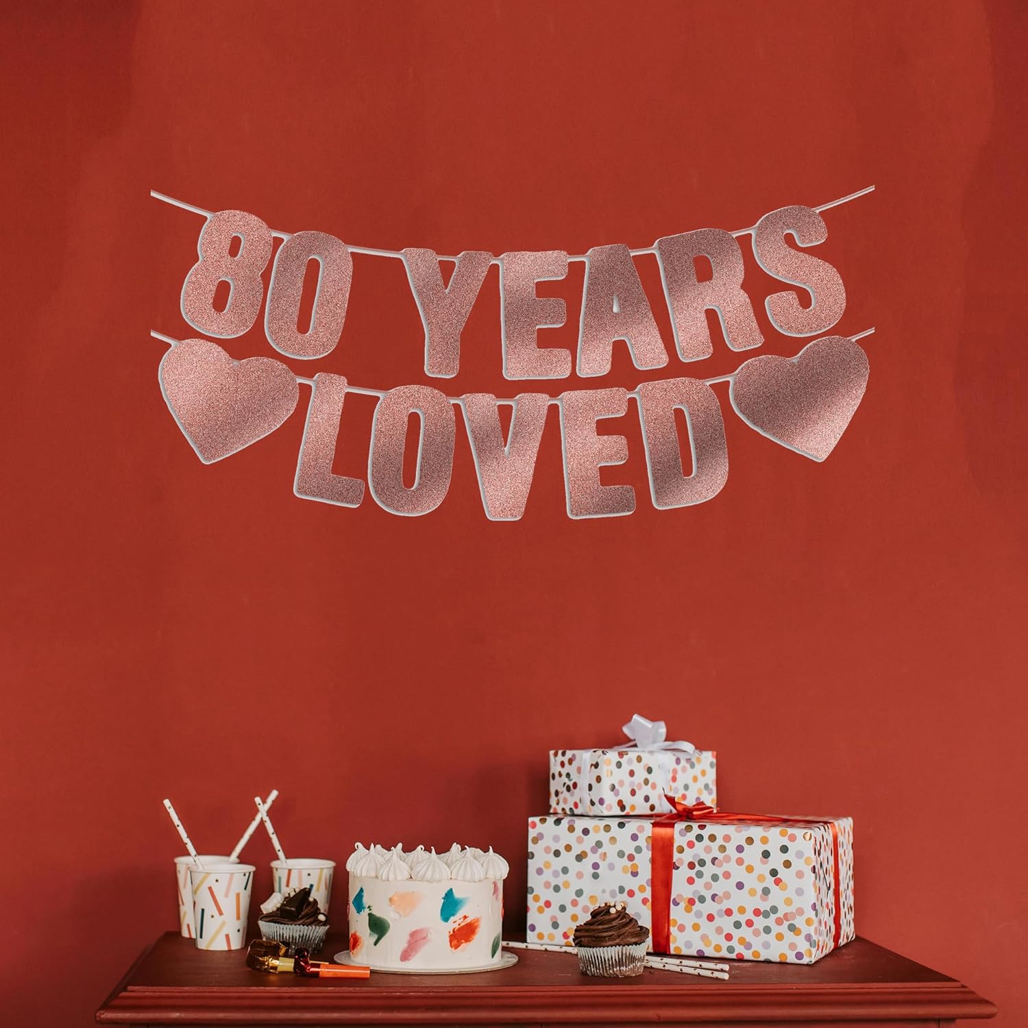 Rose Gold Glitter 80th Birthday Banner - Pre-Strung Happy Birthday Decorations for Women