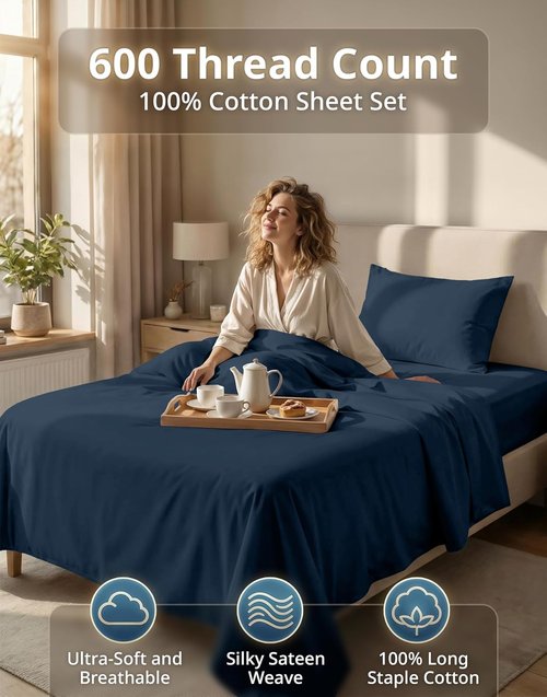 LANE LINEN Twin XL Sheet Set - 600 Thread Count Cotton Sateen - Hotel Quality Softness - Denim Color