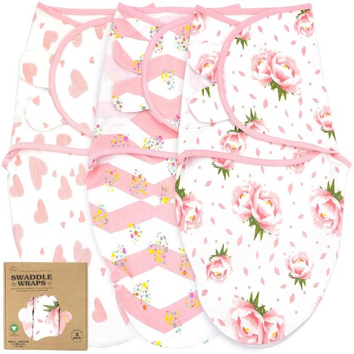 Bublo Baby Swaddles - Adjustable Organic Cotton Infant Sleep Sack | 3-Pack for Newborns (Hearts-Flowers)