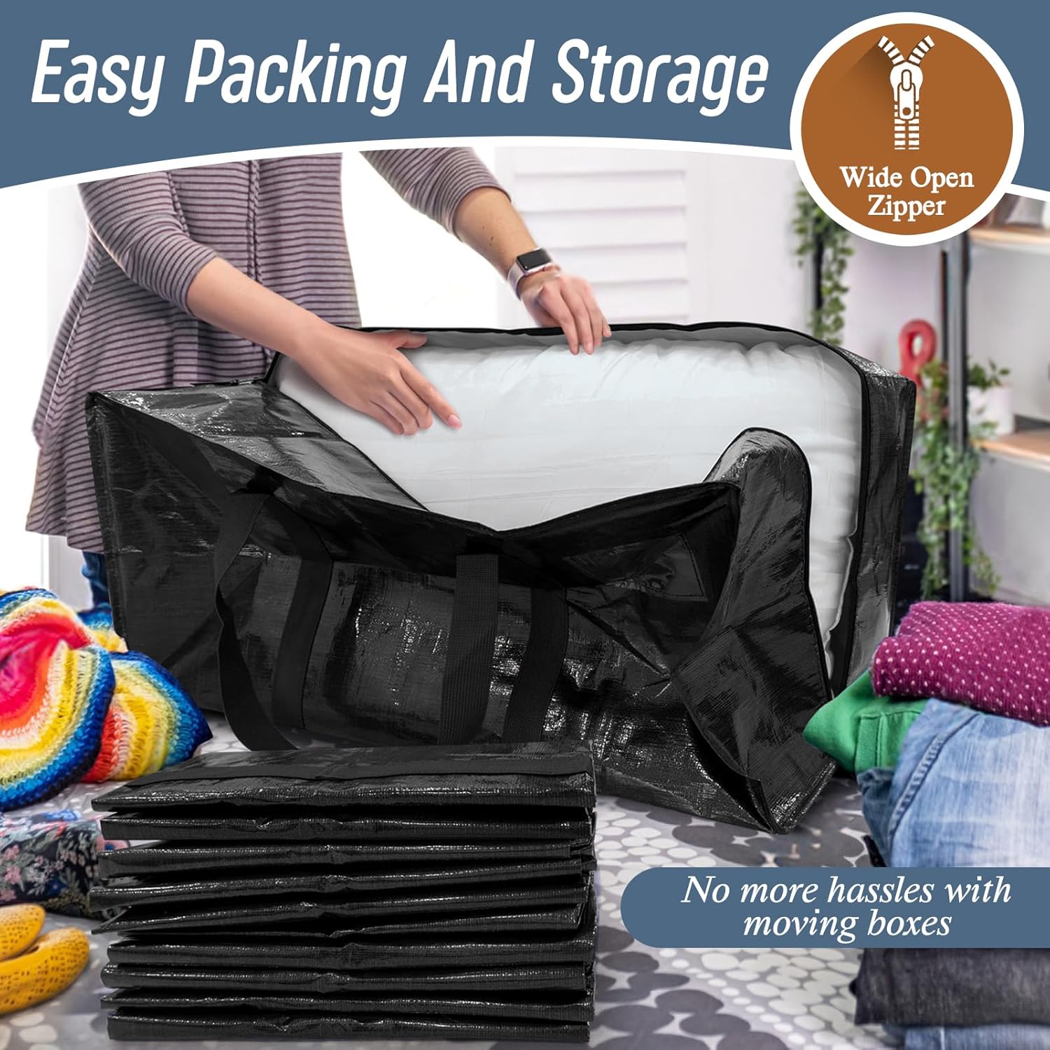 Skiennix Extra Heavy Duty Moving Bags - 6 Pack with Strong Zipper & Comfortable Handles | Durable Black Storage Totes