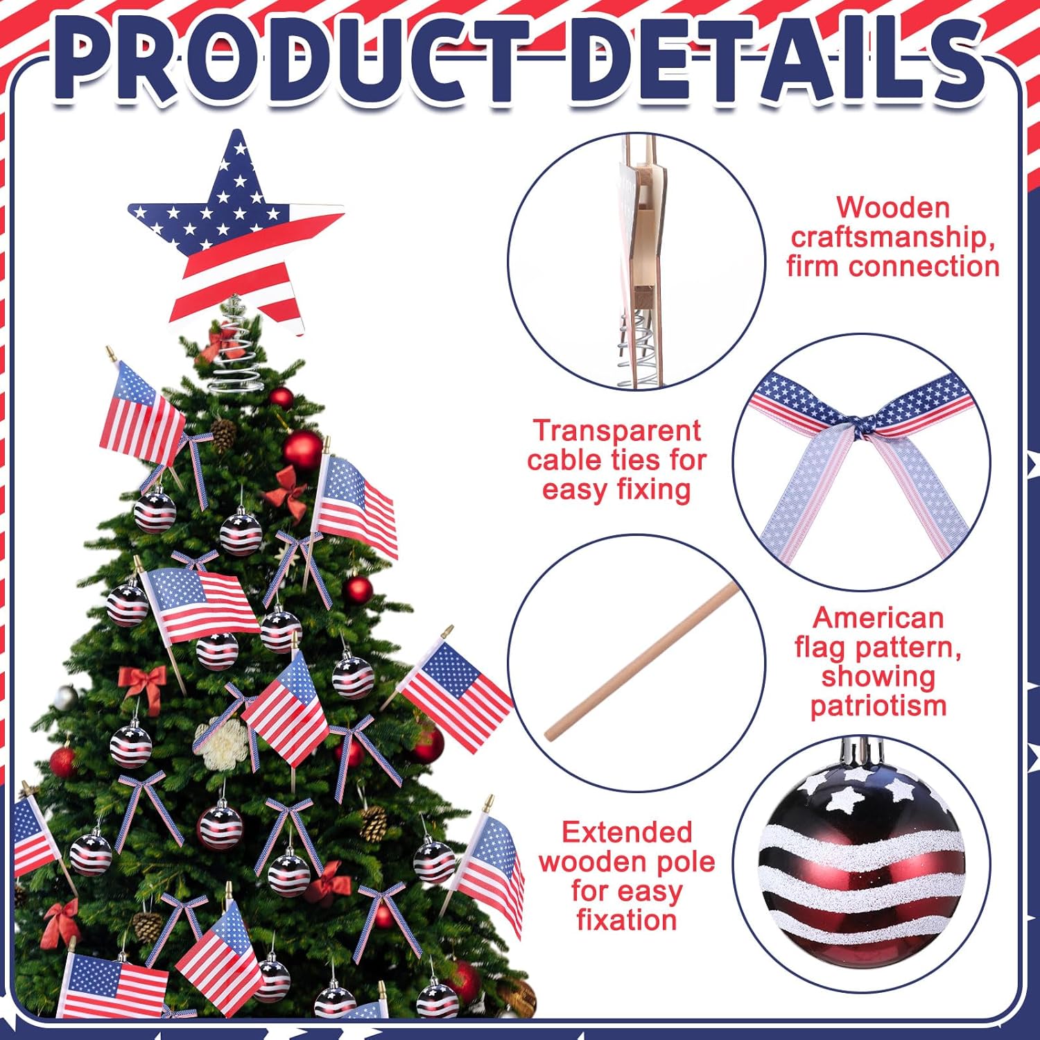 Seematn 73 Pcs Patriotic Ornaments - 4th of July Tree Decorations with Flag Stars & Bows