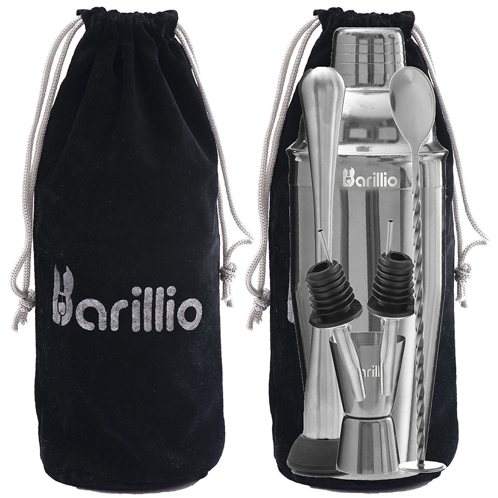 Barillio Mixology Bartender Kit - 8 pcs Stainless Steel Travel Cocktail Shaker Set with Bag - Bar Tools Set with Martini Shaker, Drink Mixer Spoon & Mojito Muddler for Cocktails, Pourers & Jigger