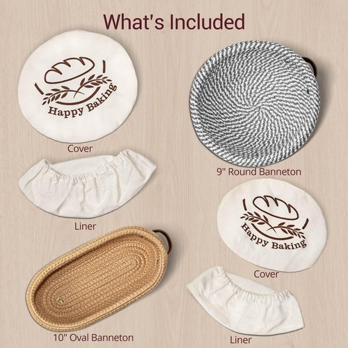 Banneton Sourdough Proofing Basket Set - Oval & Round with Liners | Cotton Rope Baking Supplies