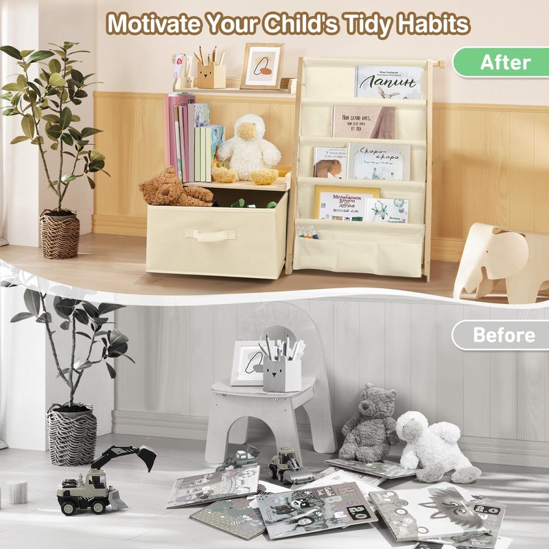 wooshwa Kids Bookshelf and Toy Organizer 2 in 1,Book Shelf for Kids Rooms with Movable Toy Bin,4 Tier Toddler Sling Book Rack for Nursery Bedroom Playroom (Jungle Animals)