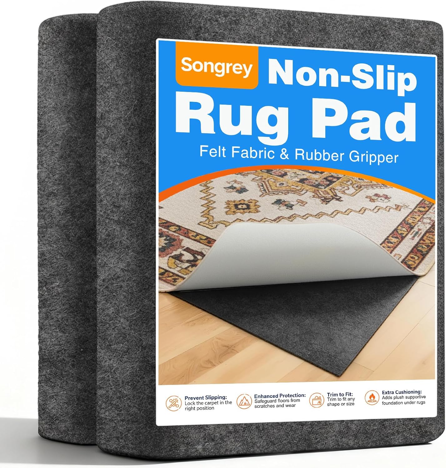 Songrey Non-Slip Rug Pad - Thick Felt Fabric with Anti-Skid Backing | 8 x 10 Ft for Hardwood Floors