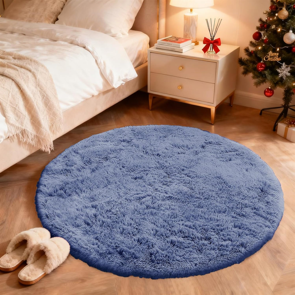 OLANLY Denim Blue Round Rug - Soft, Machine Washable 4 ft Circle Area Rug for Bedroom & Living Room Decor