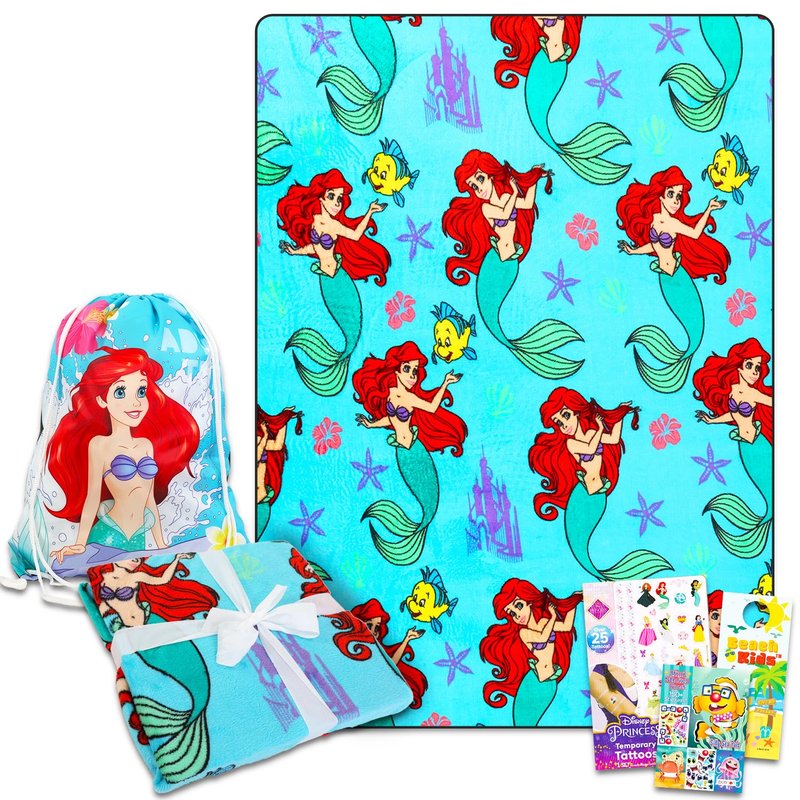 Little Mermaid Fleece Blanket and Cinch Bag Set - Bundle with Soft Ariel Blanket Plus Cinch Bag, Stickers, More for Kids, Adults, Children | Cozy Little Mermaid Fleece Blanket 50" x 70”