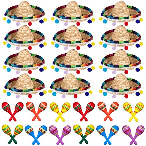 Honoson 12 Pcs Wooden Fiesta Maracas 6 Cinco De Mayo Mini Sombrero Top Hat for Sombrero Mexican Party Decor(36 Pcs,Cute Style)