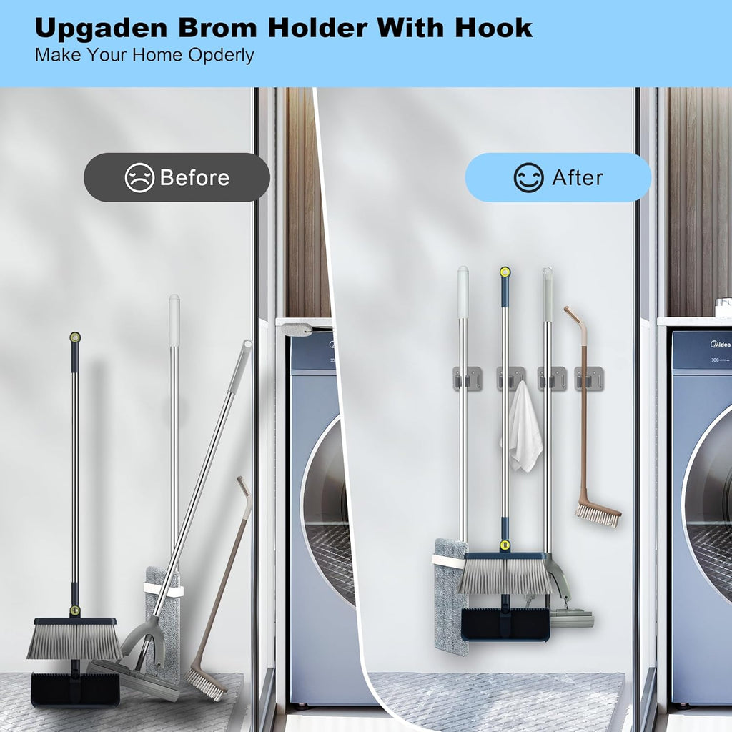 Skiennix Stainless Steel Mop & Broom Gripper - Wall Mount Holder with Hook | 4 Pack, Silver