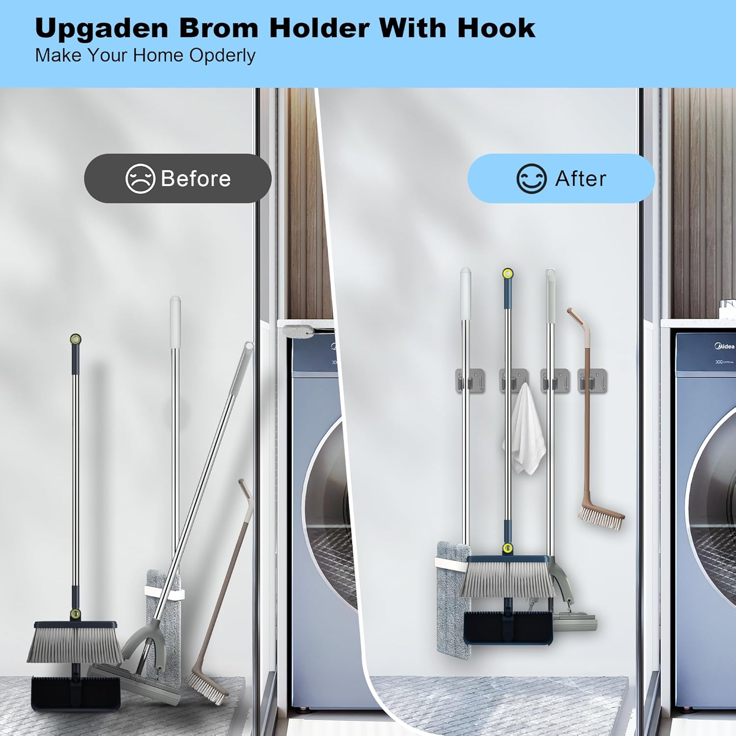 Skiennix Stainless Steel Mop & Broom Gripper - Wall Mount Holder with Hook | 4 Pack, Silver