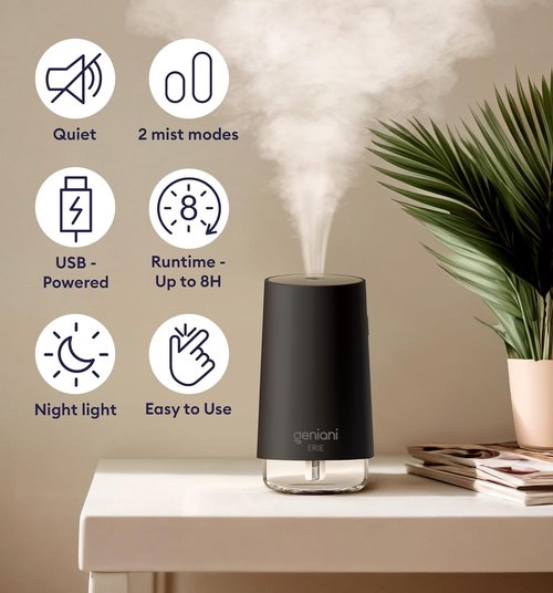 GENIANI Portable Cool Mist Humidifier - USB Powered Desktop Humidifier for Office & Baby Room | Auto Shut Off, Night Light, Black, 0.25L