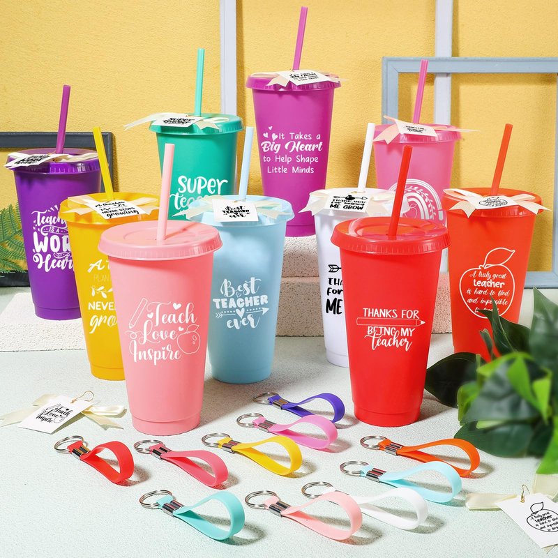 SiliFine 30 Sets Thank You Teachers Appreciation Gifts Bulk, 24 oz Plastic Tumblers with Lids and Straws Reusable Coffee Cups with Silicone Keychains, Bow-knots and Cards(Appreciated)