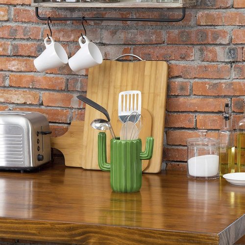 MyGift Ceramic Cactus Utensil Holder, Southwestern Green Countertop Crock – Durable Kitchen Organizer for Spoons, Paintbrushes, Desert & Cactus Home Decor