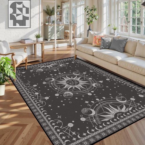 5' X 7' Sun and Moon Rug Boho Celestial Area Rugs for Bedroom Dorm Living Room Bohemian Occult Crescent Solar Stars Galaxy Floor Mat Pad Doormat Carpet,150 X 210cm,Tundora