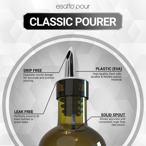 ESATTO 12 Pack Classic Chromed Bottle Pourers, Liquor Pourers for Alcohol, Olive Oil, Bartender Accessories Includes 4 Liquor Pourer Adapters for Large Neck Bottles such as Patron Don Julio Tequila