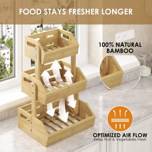 JANSNIMEN 3 Tier Bamboo Fruit Basket, Fruit Basket for Kitchen Counter Fruit Bowl Fruit and Vegetable Storage, Fruit Bowl for Onion Potato Bread Snack Organizer and Kitchen Decor