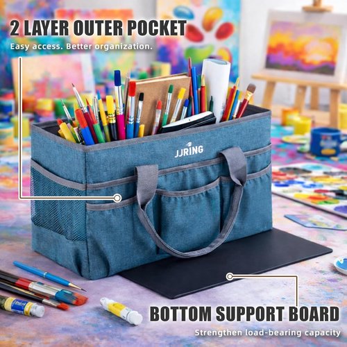 JJRING Large Art Supply Storage Tote Bag - Sturdy Craft Organizer with Mesh Pockets | Green, Foldable Design for Artists & Teachers