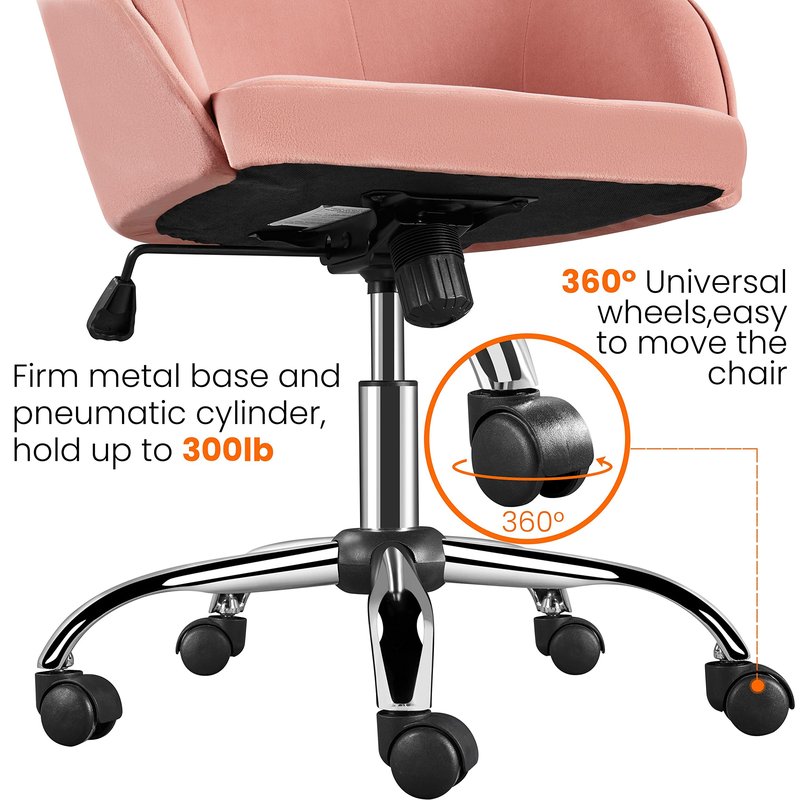 Yaheetech Pink Office Chair Small Cute Vanity Chair with Back Wheels Velvet Swivel Rolling Desk Computer Armchair for Bedroom Living Room