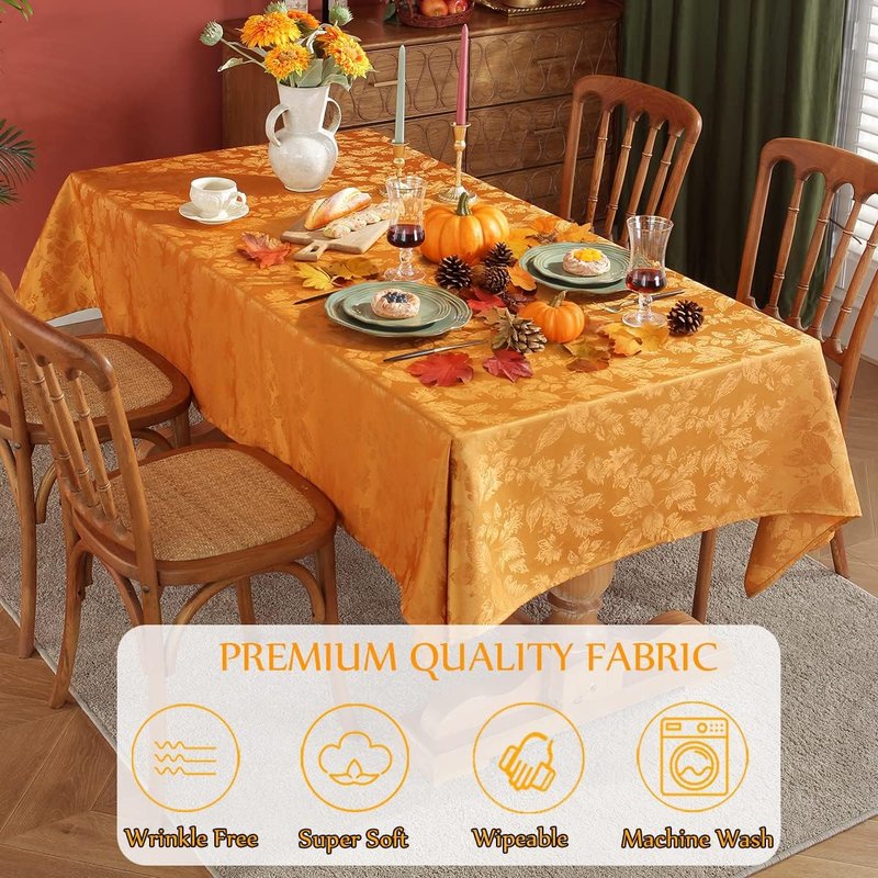 SASTYBALE Maple Leaves Jacquard Thanksgiving Tablecloth Rectangle Oil/Water Proof Fabric Damask Table Cloth for Fall, Autumn, Harvest, Rectangular/Oblong 52 x 70 Inch Amber