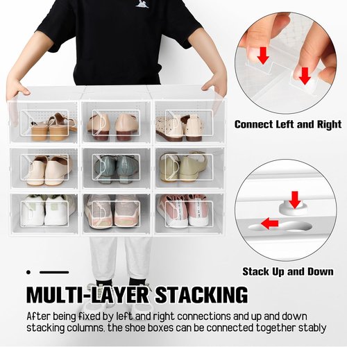 Kuject Shoe Storage Boxes - 15 Pack Large Clear Plastic Stackable Organizer for Closet | Fits Size 10 (White)