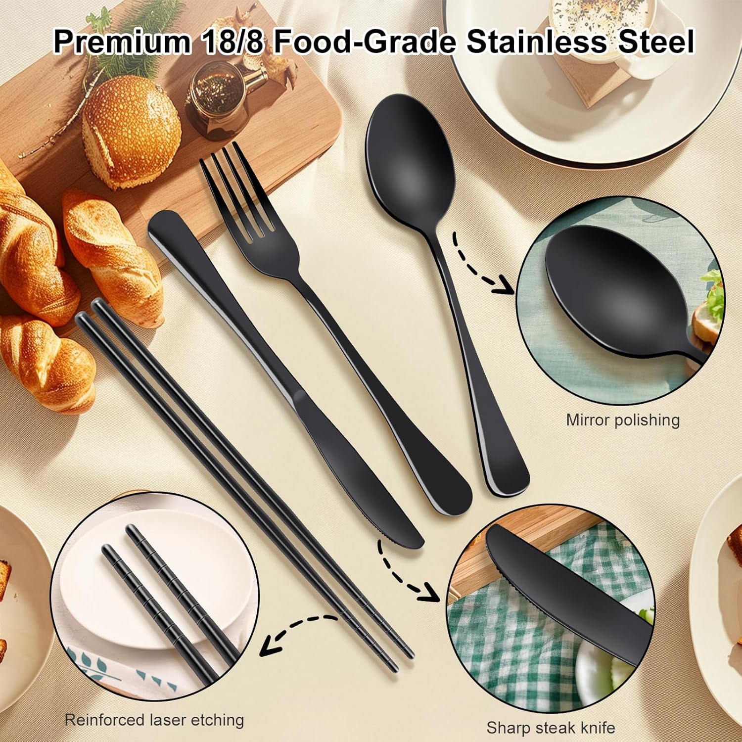 Skiennix Reusable Travel Utensils Set - Premium Stainless Steel Flatware for Camping & Picnics | Portable & Dishwasher Safe