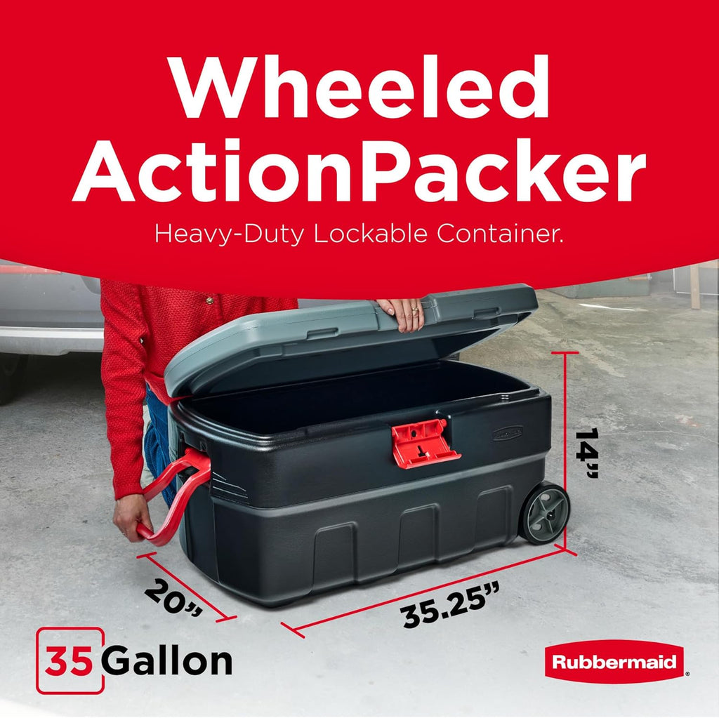 Rubbermaid ActionPacker 35 Gallon Storage Bin - Lockable, Durable Plastic with Wheels | Gray & Black