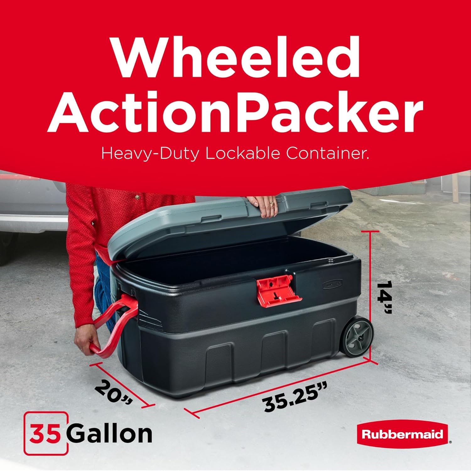 Rubbermaid ActionPacker 35 Gallon Storage Bin - Lockable, Durable Plastic with Wheels | Gray & Black