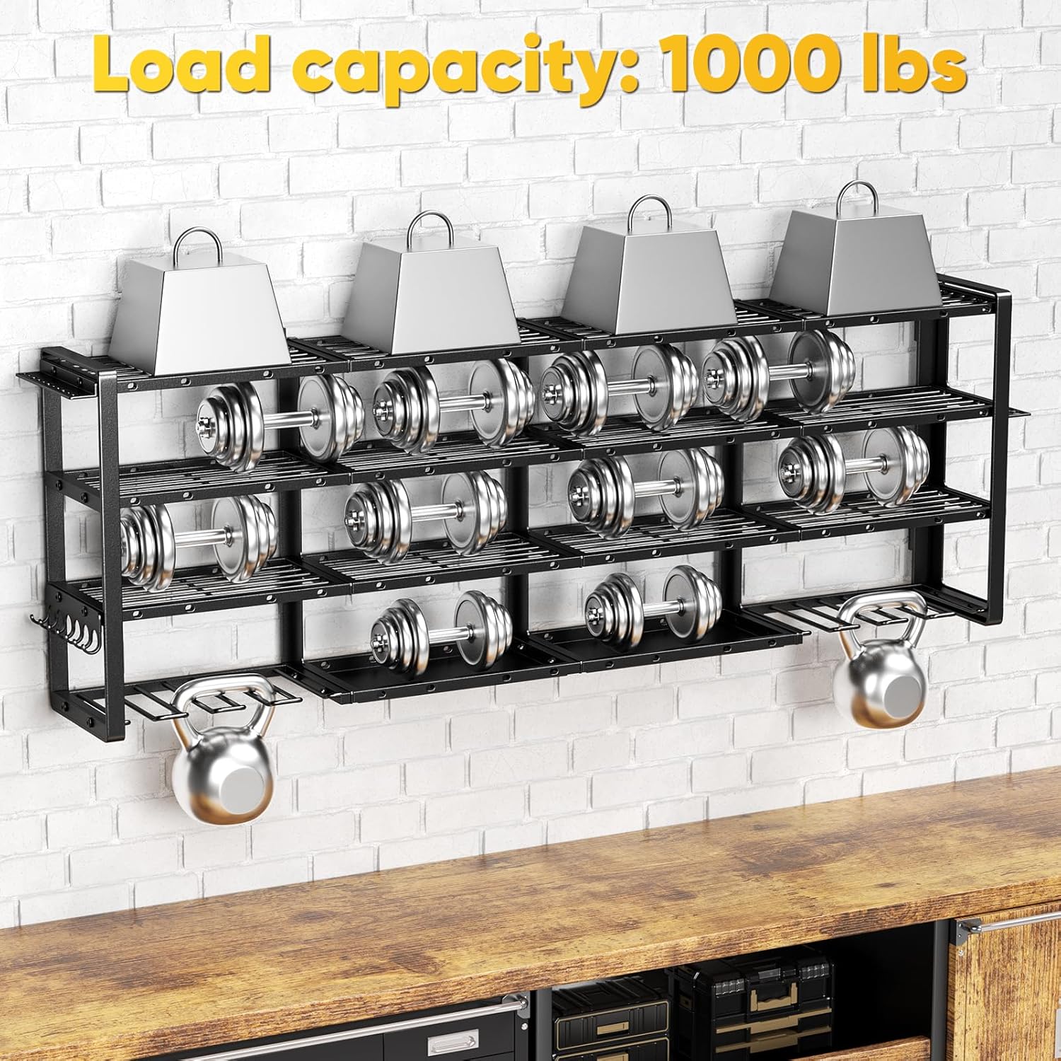 POKIPO Heavy-Duty Power Tool Organizer - Extra Large 64" Wall Mount Rack with 8 Drill Holders | 1000 lbs Capacity