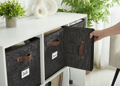 DECOMOMO Storage Baskets - 13x15x13 Cube Bins with Labels for Organized Shelves | Black Pattern (4pcs)
