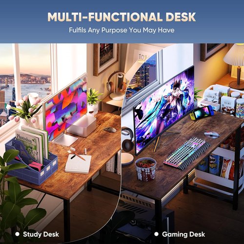 DUMOS 40-Inch Small Computer Desk - Modern Writing & Gaming Workstation for Home Office | Brown Metal Frame