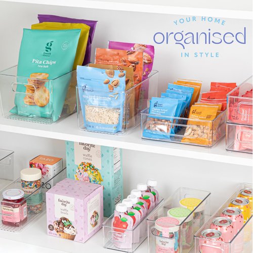 Plastic Food Storage 2 Pack Clear Container Bin with Handles for Organizing Kitchen, Pantry, Refrigerator, Freezer, Pantry, Cabinet, Closet, Bathroom. 10”x6”x5”