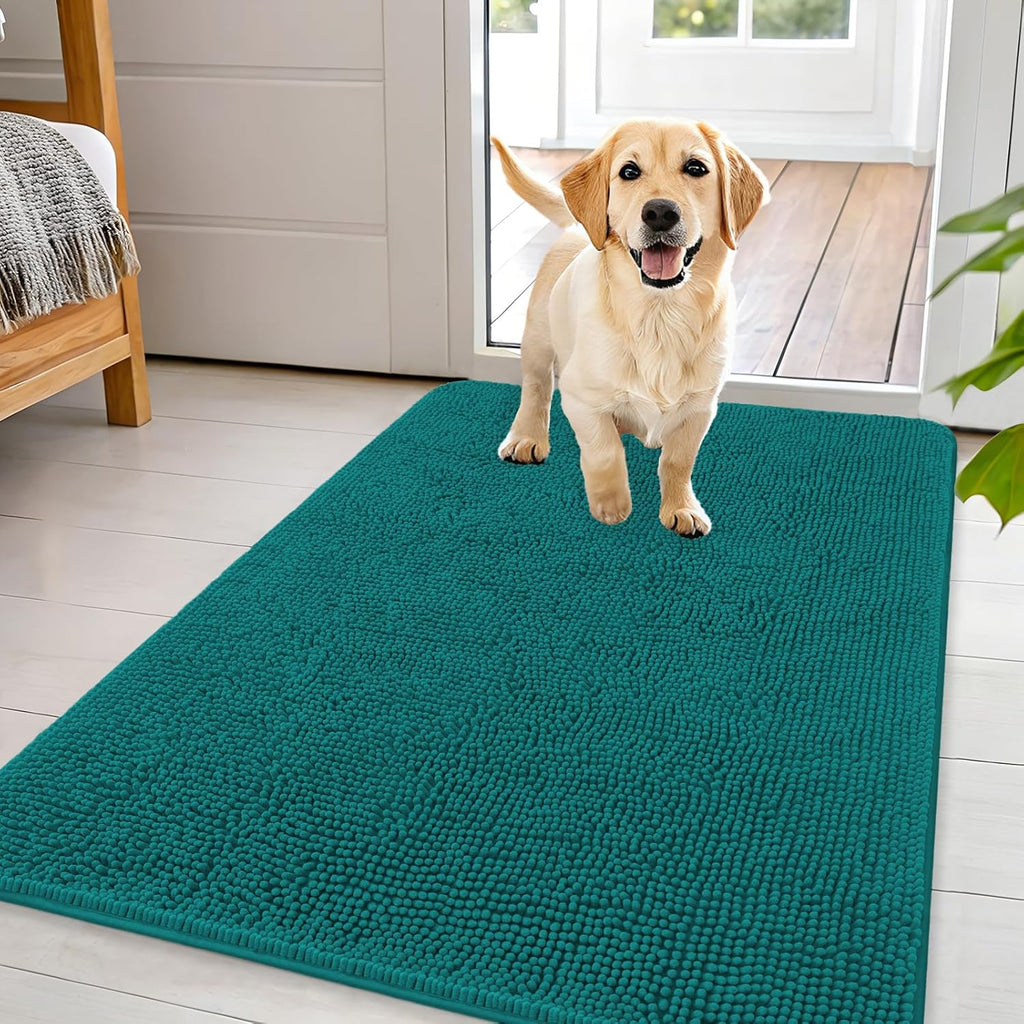 OLANLY Dog Door Mat - Absorbent Non-Slip Washable Doormat for Muddy Paws | 44x32, Quick Dry Chenille, Lake Blue