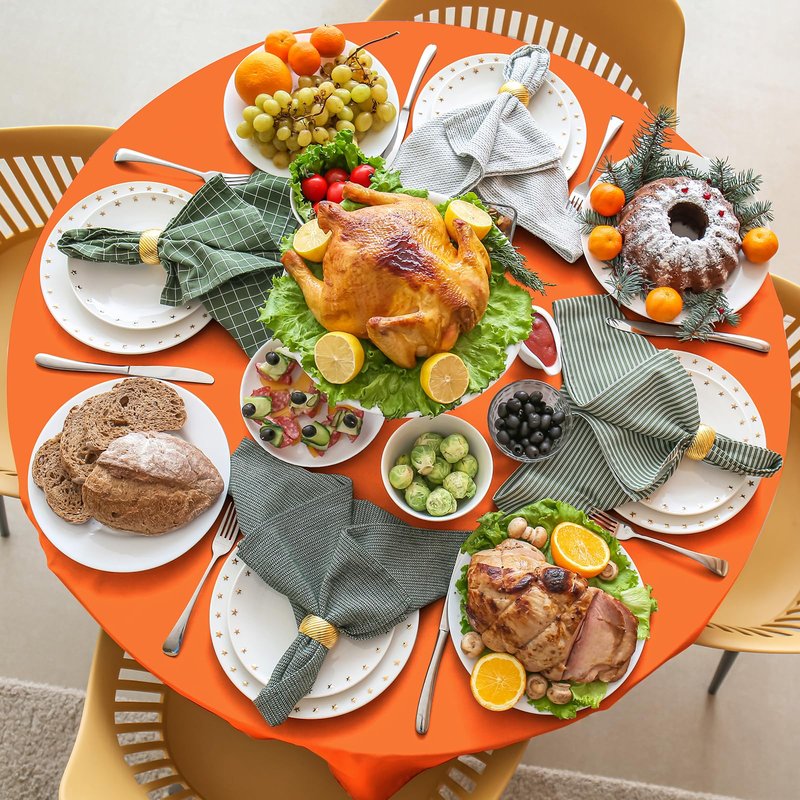 MASHAN 12Pcs 84 Inch Fall Disposable Tablecloth,Thanksgiving Plastic Tablecloths,Orange Brown Red Yellow Round Table Cover for Autumn Harvest Holiday Birthday Party Decoration