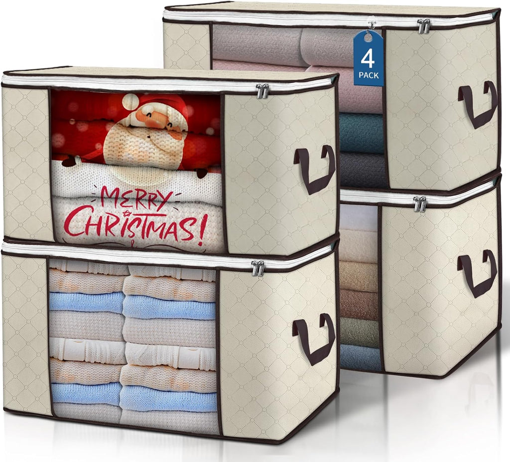 Skiennix 90L Large Storage Bags - 4 Pack Foldable Closet Organizers with Reinforced Handles | Beige