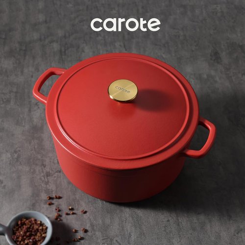 CAROTE 5QT Enameled Cast Iron Dutch Oven - Heavy-Duty Pot for Baking, Braising & Roasting | Non-Toxic, Red