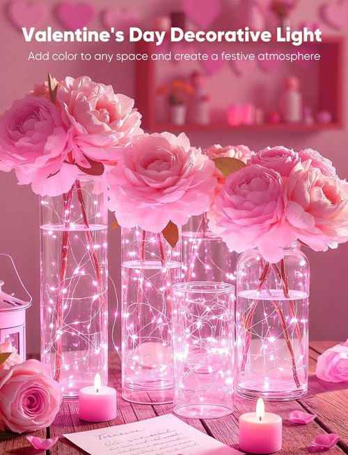 Minetom 12 Pack Pink Christmas Lights - 7ft Battery Operated Fairy Lights | 20 LED Waterproof Twinkle Lights for Valentine's Day Decor