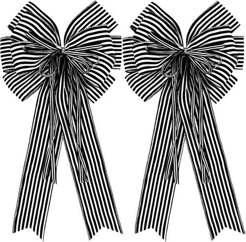 Hongsome Halloween Bows - 2 Pack Black & White Stripe Decor for Wreaths & Tree Toppers | 12”x20”