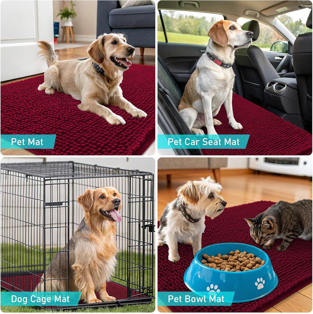 OLANLY Dog Door Mat - Absorbent Non-Slip Chenille for Muddy Paws | 24x16, Quick Dry, Burgundy