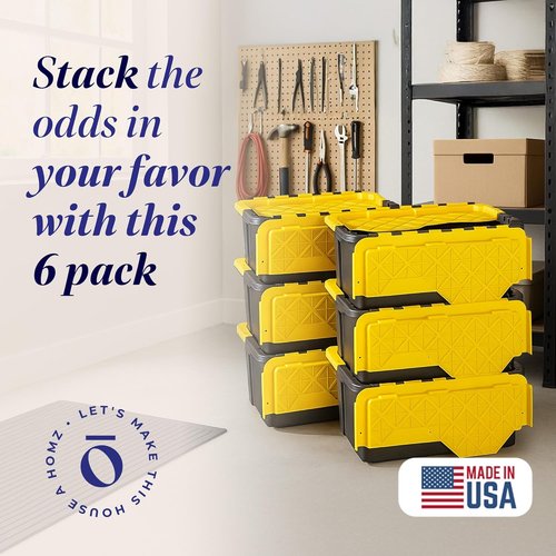 HOMZ 6-Pack Durabilt Tote - Heavy Duty 15 Gallon Plastic Storage Bins with Lids | Black/Yellow Stackable Organizers