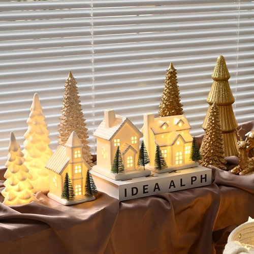 AOMOONOA Ceramic Christmas Village Houses - 3-Piece LED Lighted Porcelain Set with 6 Trees | Holiday Home Decor