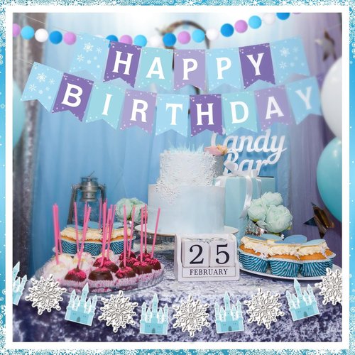 Fanfanwin Snowflake Birthday Banner - 5 Pcs Blue Snowflake Design with Felt Castle Decor | Winter Holiday Party