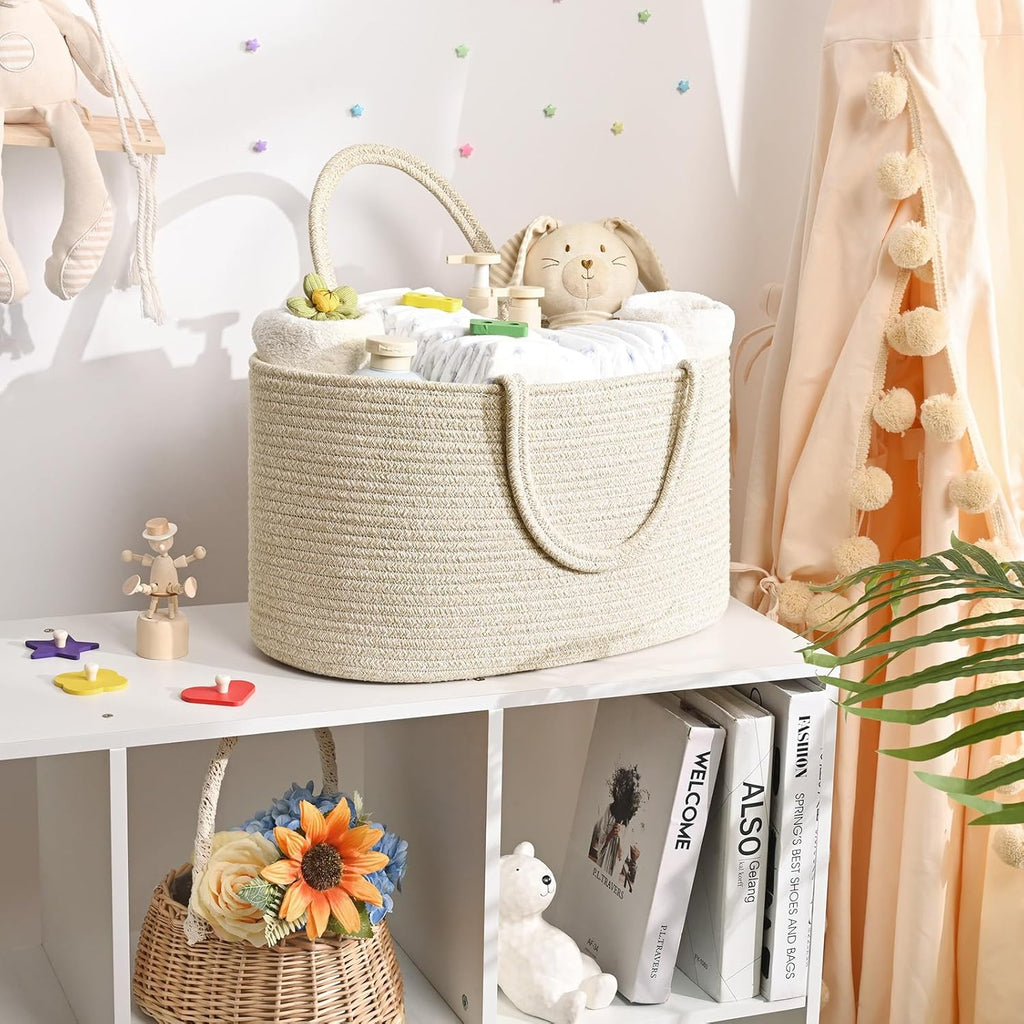 Skiennix Baby Diaper Caddy Organizer - 19L Cotton Rope Storage Basket with Removable Divider | Perfect for Nursery & Baby Showers