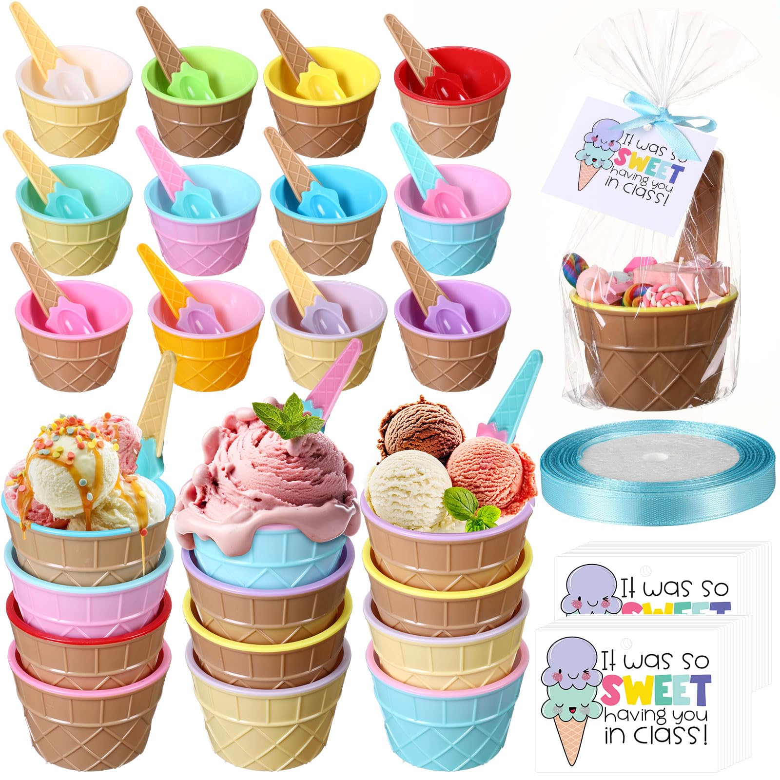 Sieral 24 Sets End of Year Gift Including 24 Pcs Ice Cream Bowls and Spoons 24 Pcs Cards with Plastic Bags and 1 Roll Ribbon for Prizes Summer Birthday Ice Cream Party