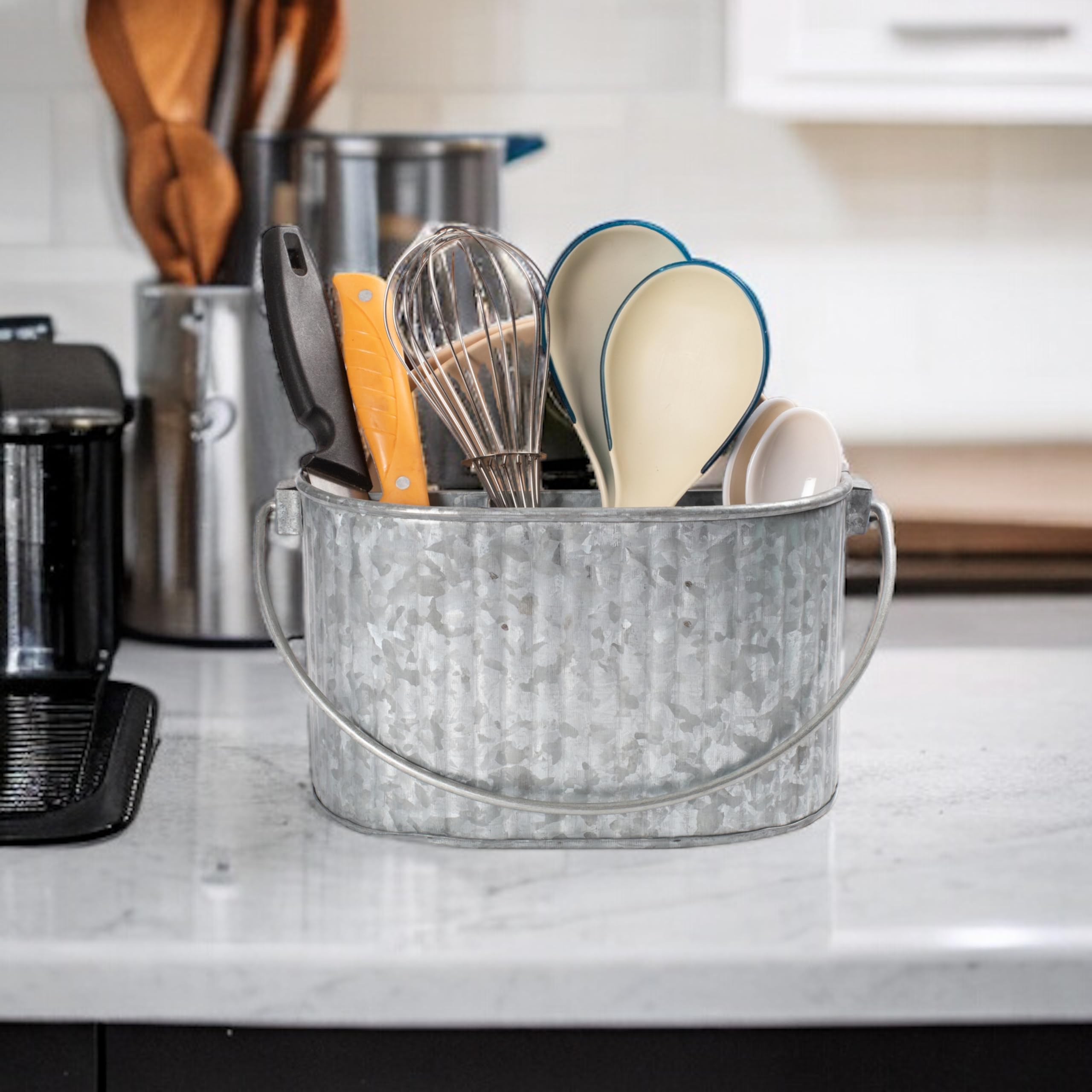 CLEENTABLE Galvanized Metal Caddy with Handle - Heavy Duty Utensil Holder & Cutlery Organizer, Rustic Farmhouse Tabletop Storage Bin for Kitchen, Picnic, BBQ, and Parties